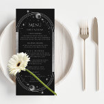 Cartões de menu de casamento da Lua Sun, Prata Neg<br><div class="desc">As estrelas do Sol da Lua Negra Mística Estrelas Sol da Lua Negra Cartões de Menu de Casamento apresentam um sol prateado, lua e estrelas sobre um fundo preto com os detalhes do menu no centro em um moderno roteiro de caligrafia prateada. Personalize editando o texto nas caixas de texto...</div>