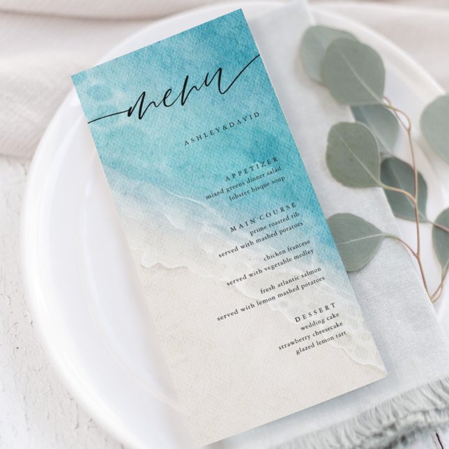 Cartões de menu de casamento da praia costeira do  (Criador carregado)