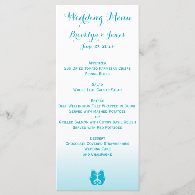 Cartões de Menu de Casamento de Cavalo-de-Mar Azul (Frente)
