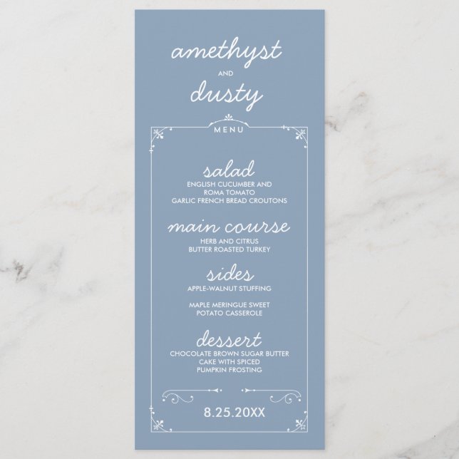 Cartões de Menu de Casamento de Cor Personalizada  (Frente)