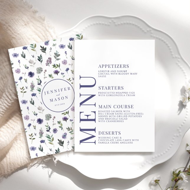 Cartões de menu de casamento de flores roxas moder (Criador carregado)