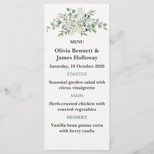 Cartões de Menu de Casamento de Jardim Botânico (Frente)
