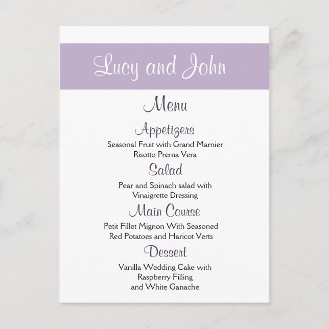 Cartões de Menu de Casamento de lavanda (Frente)