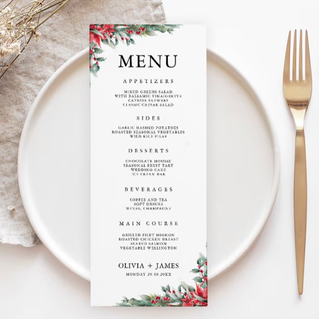 Cartões de Menu de Casamento de Natal Modelo (Christmas Wedding Menu Cards Template)