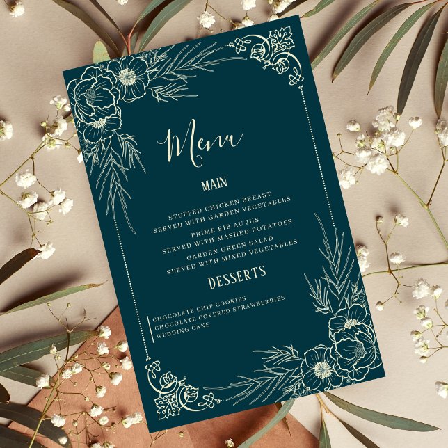 Cartões de Menu de Casamento Elegante Flor de Ouro (Criador carregado)