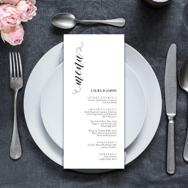 Cartões de Menu de Casamento Elegantes Clássicos P (Elegant classic black and white wedding menu cards add timeless charm to each place setting)