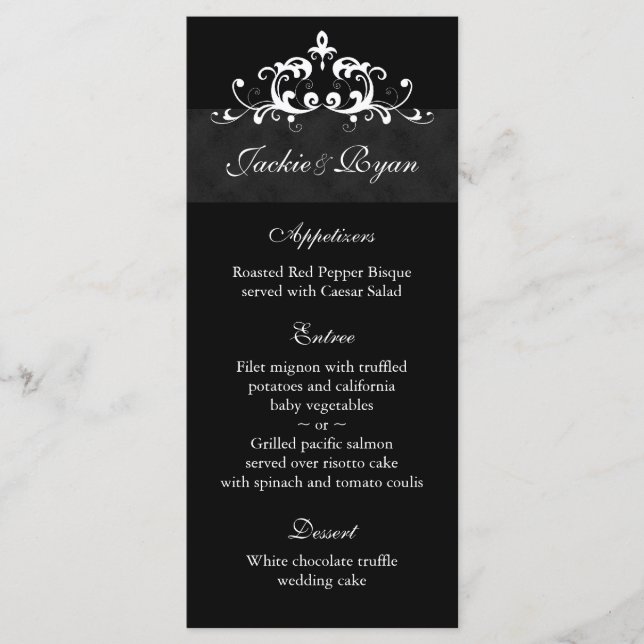 Cartões de menu de casamento Embelagem preta forma (Frente)