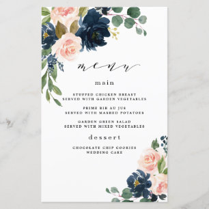 Cartões de menu de casamento Floral, azuis e cor-d