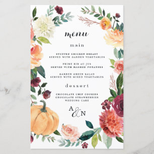Cartões De Menu De Casamento Floral De Abóbora Ele
