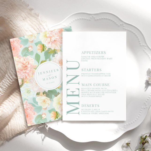 Cartões de Menu de Casamento Floral de Mint Peach  (Criador carregado)