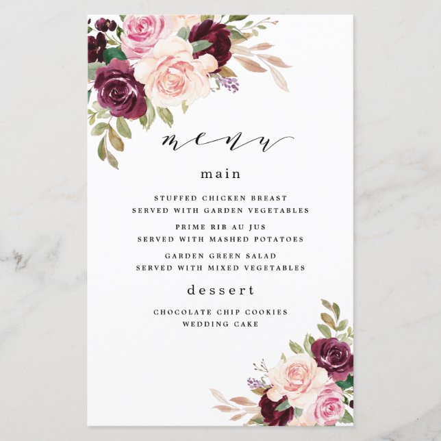 Cartões de Menu de Casamento Floral Rosa Dourado B (Frente)