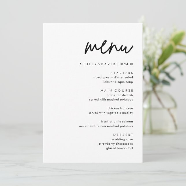Cartões de menu de casamento minimalistas | Menu A (Em pé/Frente)