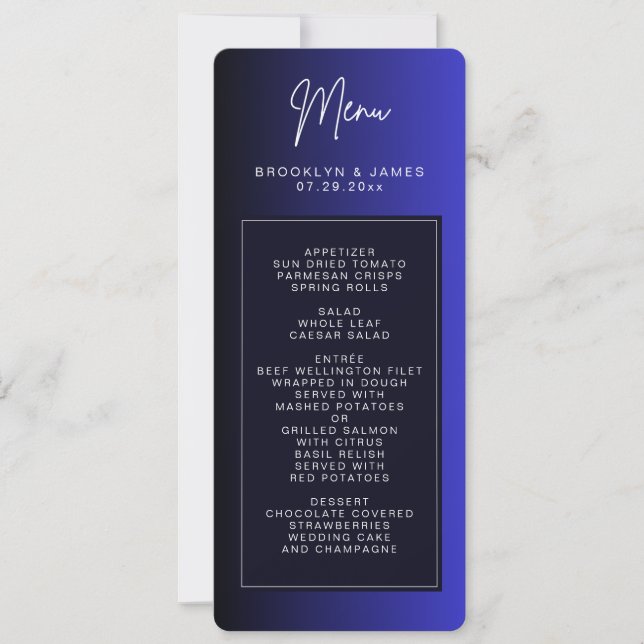 Cartões de Menu de Casamento Mínimo Azul-Noite (Frente)