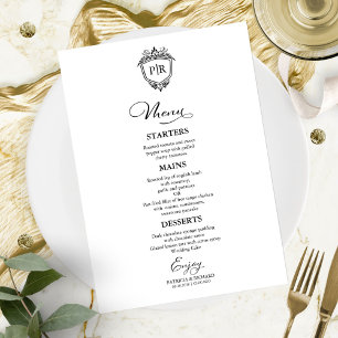 Cartões de Menu de Casamento Monograma Preto e Bra