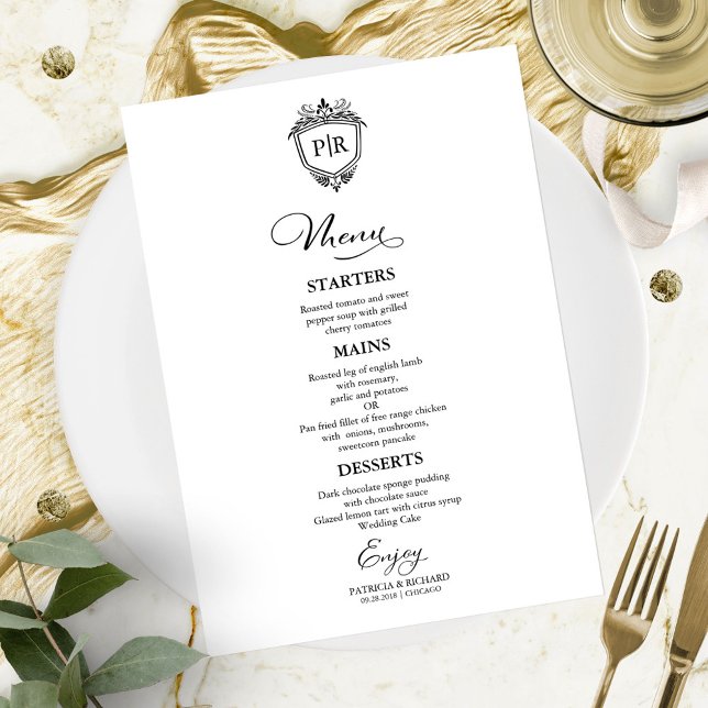 Cartões de Menu de Casamento Monograma Preto e Bra (Criador carregado)