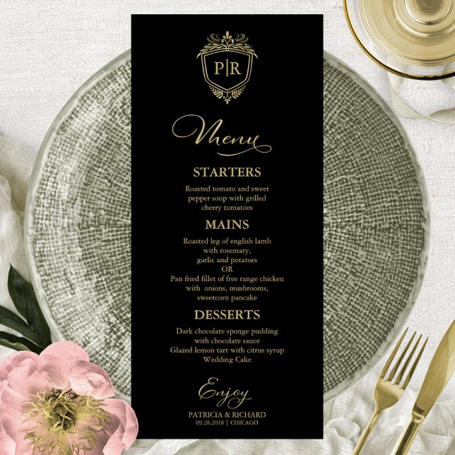 Cartões de Menu de Casamento Monograma Preto e Dou (Criador carregado)