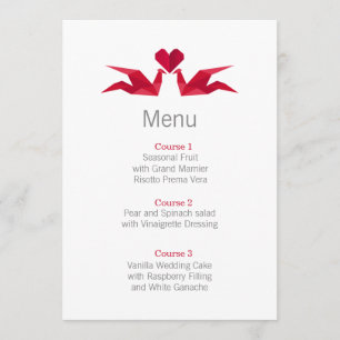cartões de menu de casamento origami red cranes