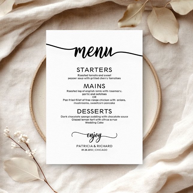 Cartões de Menu de Casamento Preto e Branco Minima (Criador carregado)