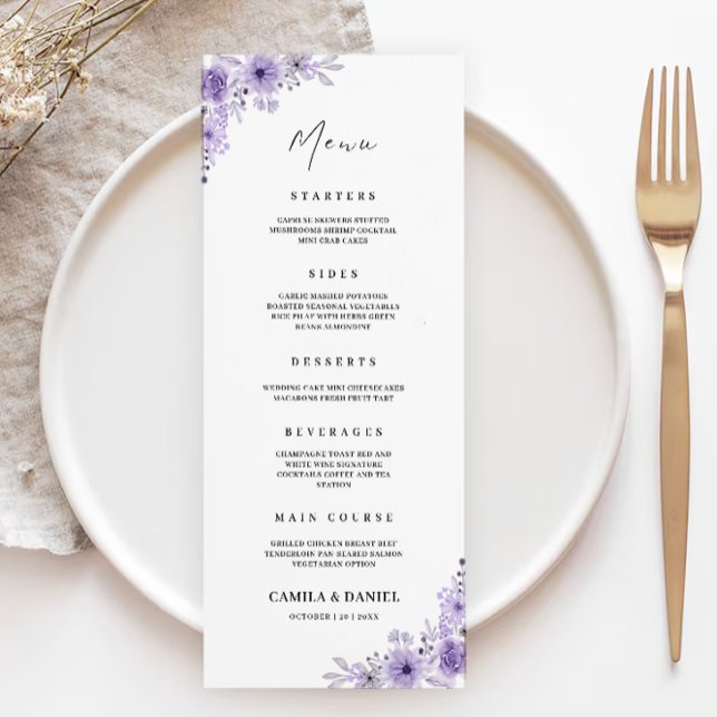 Cartões de menu de casamento púrpura Modelo (Purple Wedding Menu Cards Template)