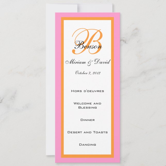 Cartões de Menu de Casamento Rosa Laranja (Frente)