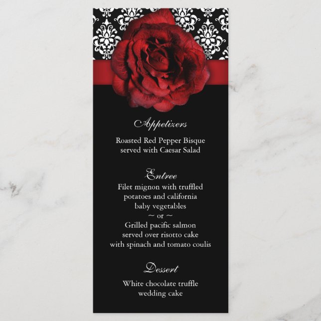 Cartões de menu de casamento - Rosa vermelha - Dam (Frente)