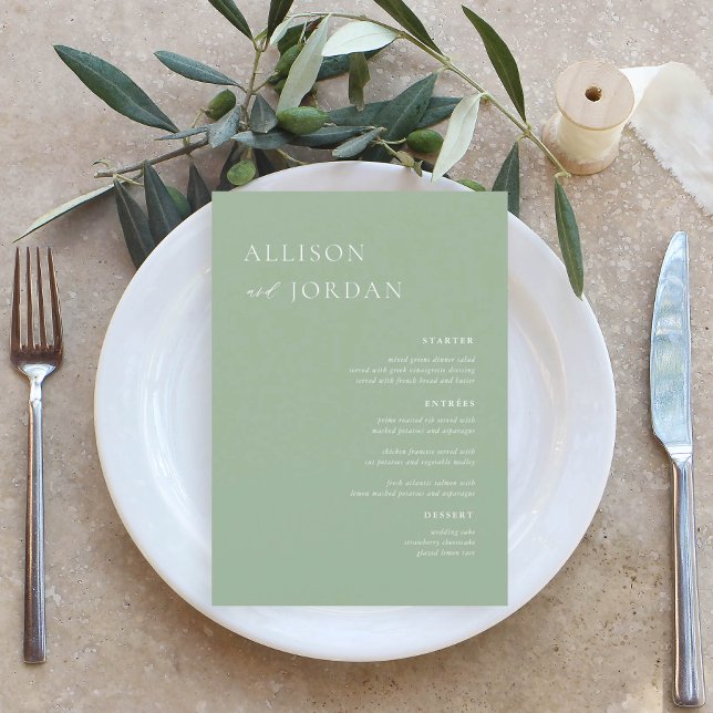 Cartões de Menu de Casamento Simples Verde Sage (Criador carregado)