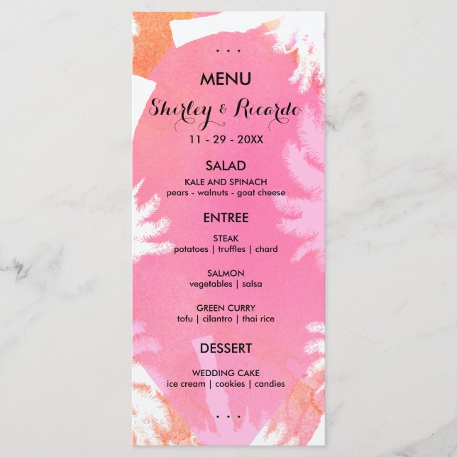 Cartões de Menu de Casamento Tropical de Verão (Frente)
