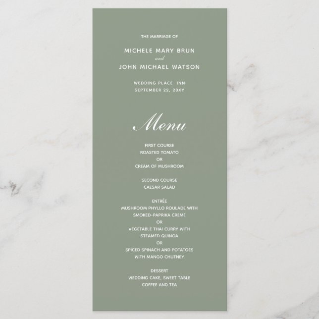 Cartões de menu de casamento verde-oliva simples (Frente)