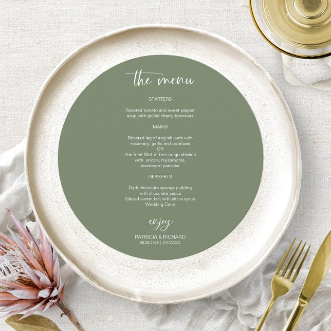 Cartões de Menu de Círculo de Casamento Verde Safi (Criador carregado)