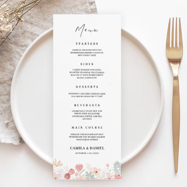 Cartões de menu de flor selvagem Modelo (Wildflower Wedding Menu Cards Template)