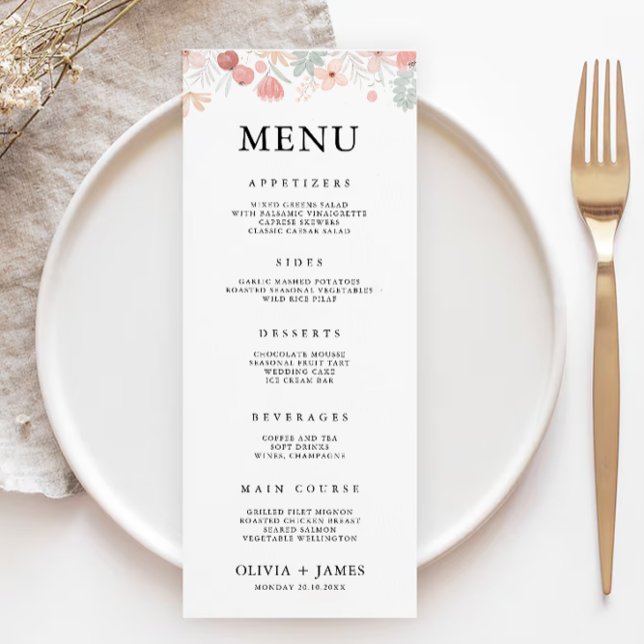 Cartões de menu de flor selvagem Modelo (Wildflower Wedding Menu Cards Template)