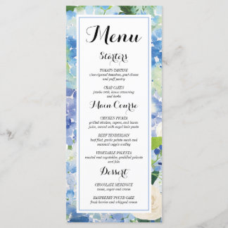 Cartões de Menu de Hortênsia Floral Azul