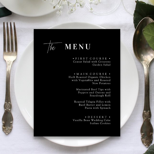 Cartões de Menu de Jantar de Casamento Preto e Bra (Black and white wedding dinner menu cards add timeless elegance and guide guests through your meal.)