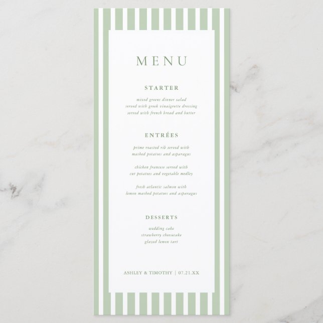 Cartões de Menu de Mesa de Casamento com Listras V (Frente)