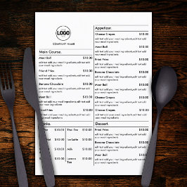 Cartões de Menu de Mesa de Restaurante Branco Menu