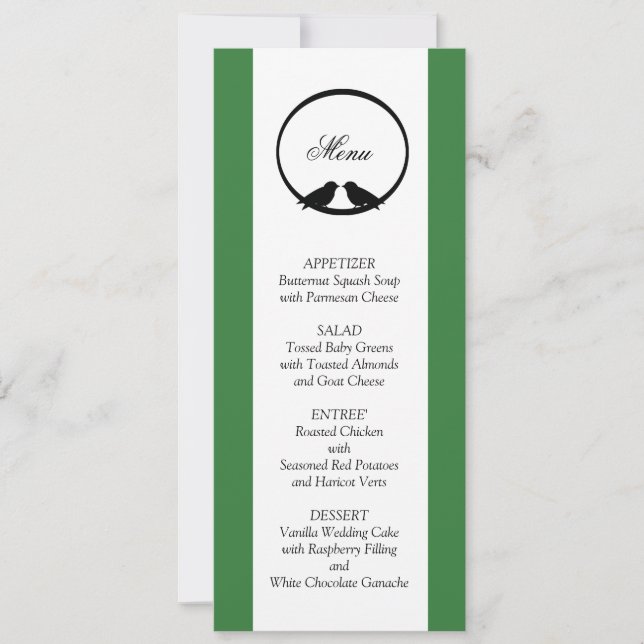 Cartões de Menu de Recepção de Casamento de Pombin (Frente)