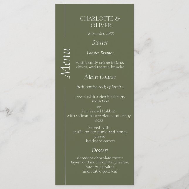 Cartões de Menu de Recepção de Casamento Elegantes (Frente)