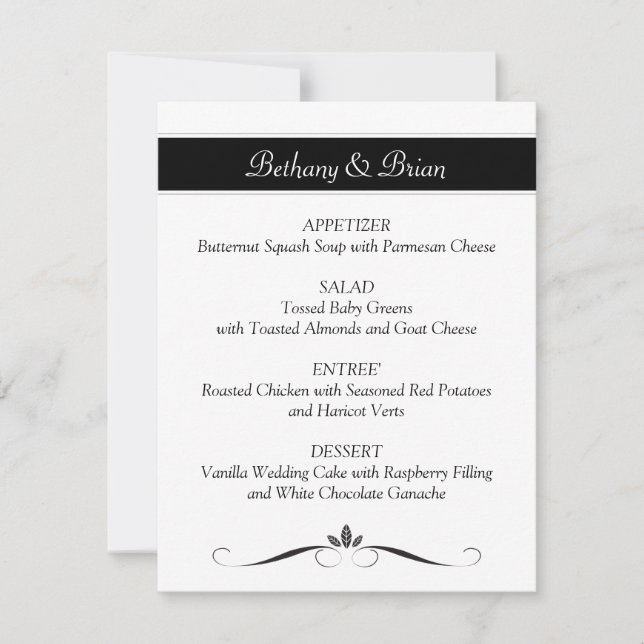 Cartões de Menu de Recepção Preto e Branco (Frente)