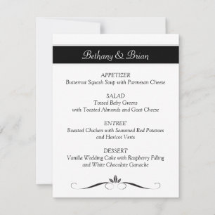 Cartões de Menu de Recepção Preto e Branco