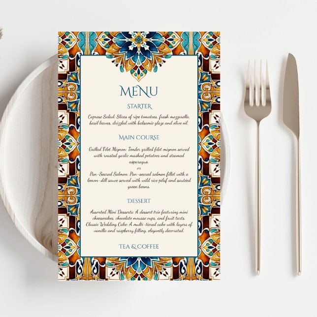 Cartões de menu do Teal Blue Vintage (Teal Blue brown vintage talavera Mexican Spanish wedding menu cards template personalized decor)