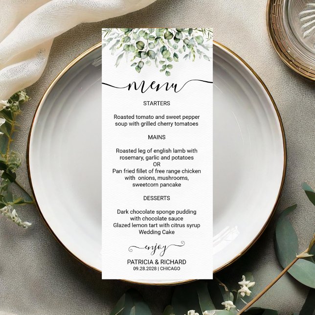 Cartões de menu Elegante Greenery Wedding (Criador carregado)