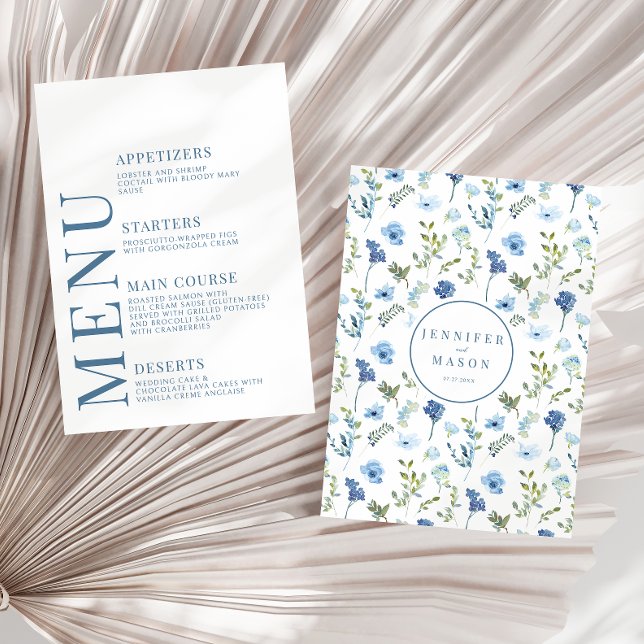 Cartões de menu florais azuis desenhados à mão Ele (Criador carregado)