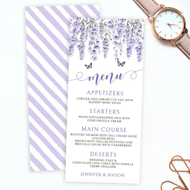 Cartões de menu florais de lavanda violeta roxa (Criador carregado)