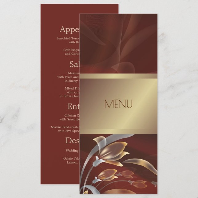 Cartões de Menu Florais Elegantes Caoba | Dourado (Frente/Verso)