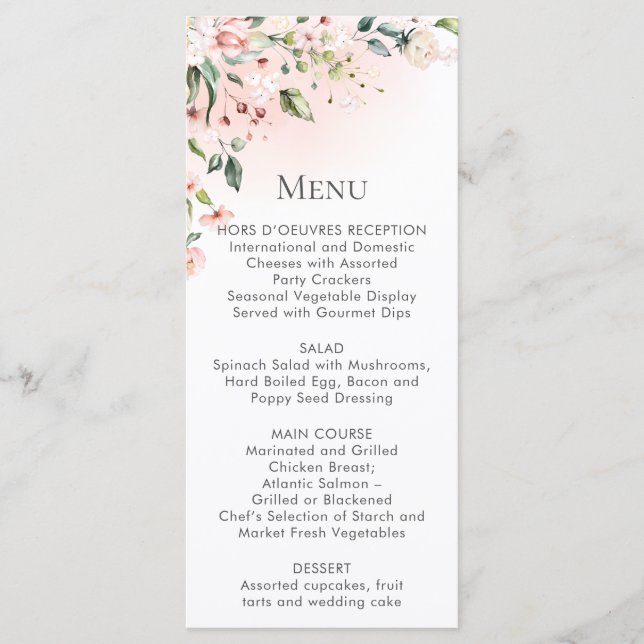 Cartões de Menu Florais Rosa Bege Rack (Frente)