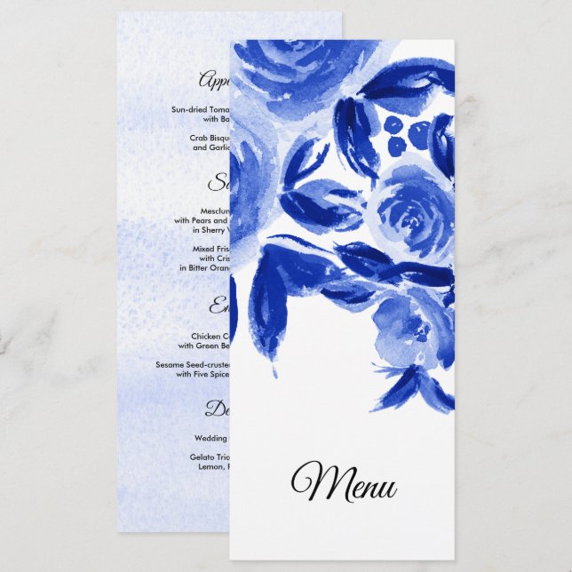 Cartões de Menu Floral de Casamento Real Blue Wate (Frente/Verso)