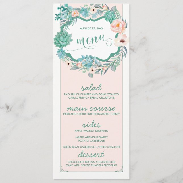 Cartões de Menu Floral Succulent & Blush Wedding (Frente)