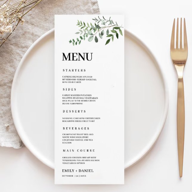 Cartões de Menu Greenery Wedding Modelo (Greenery Wedding Menu Cards Template)
