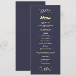 Cartões de menu Marinho azul Dourado de casamento