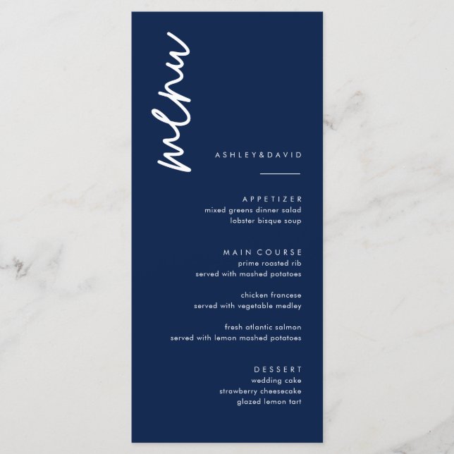 Cartões de menu Marinho azul minimalistas (Frente)